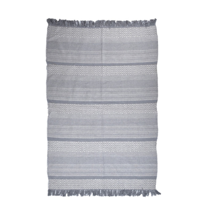 Tapis en coton brodé lignes et chevrons gris clair avec franges - MINA