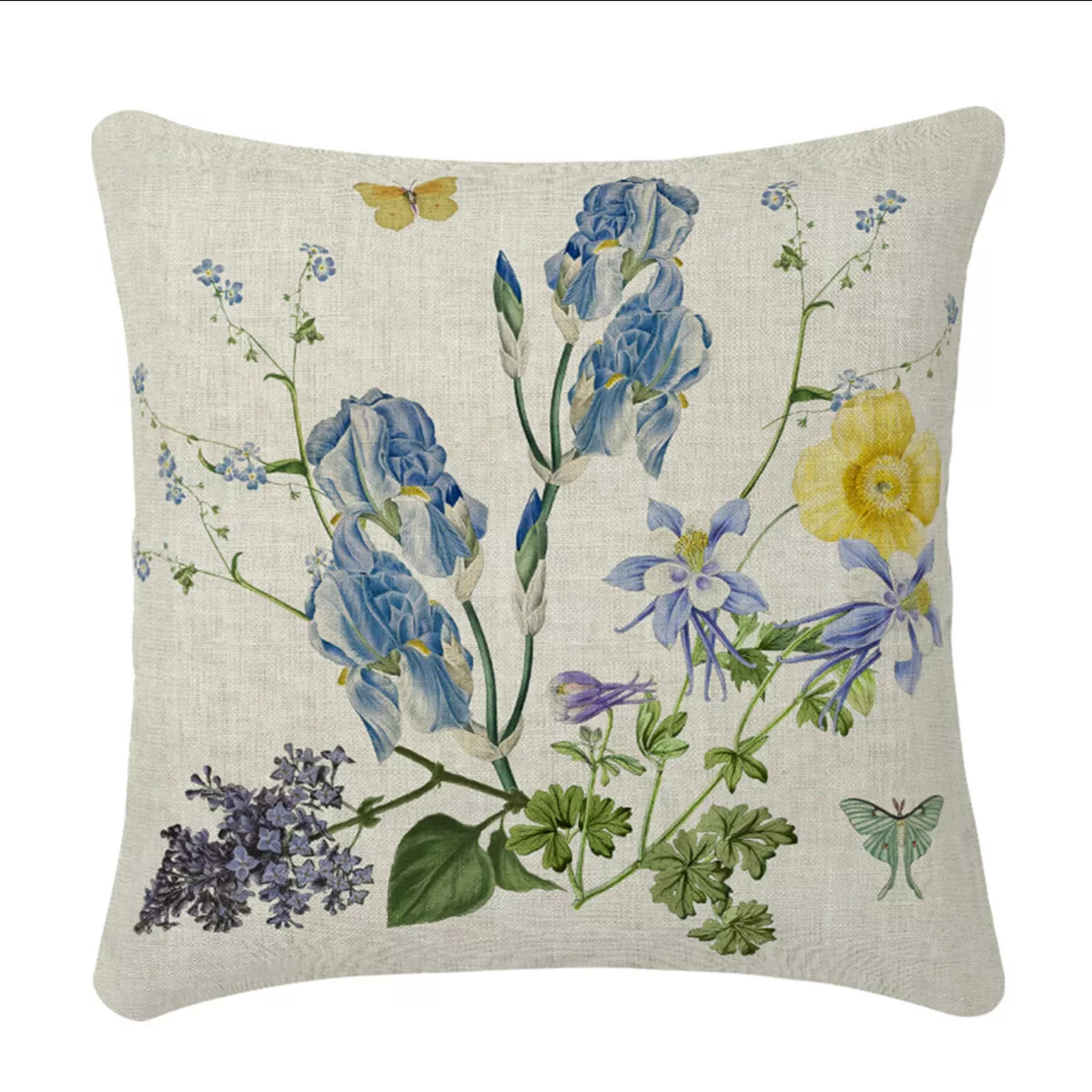 Housse de coussin lin & coton 165 g/m² imprimé bleu jaune Iris d'ete naturel