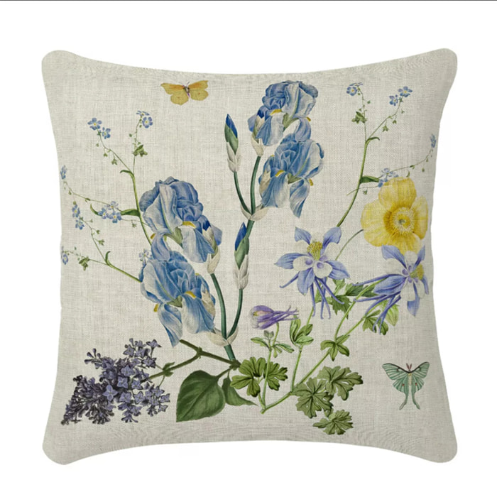 Housse de coussin lin & coton 165 g/m² imprimé bleu jaune Iris d'ete naturel