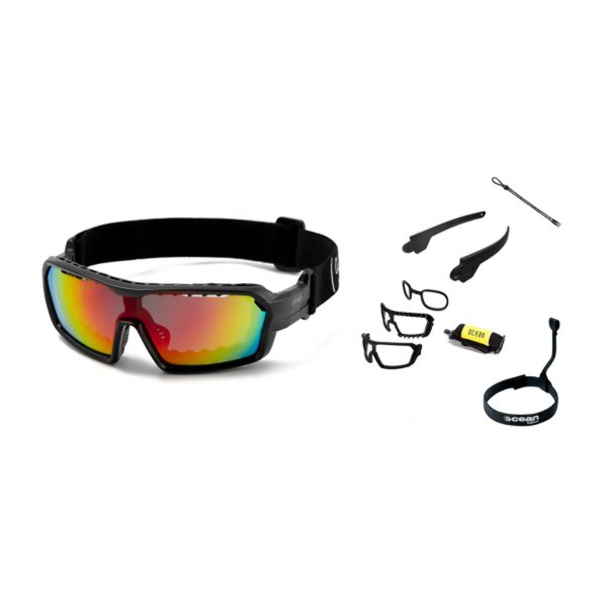 Gafas de deportes acuáticos OCEAN CHAMELEON - Negro brillante / Revo roja con almohadilla nasal puntas y espuma negras con correa negra