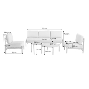 Salon de jardin COPACABANA 5 places en bois d'acacia. housse beige en lin. un banc. deux fauteuils. deux tables