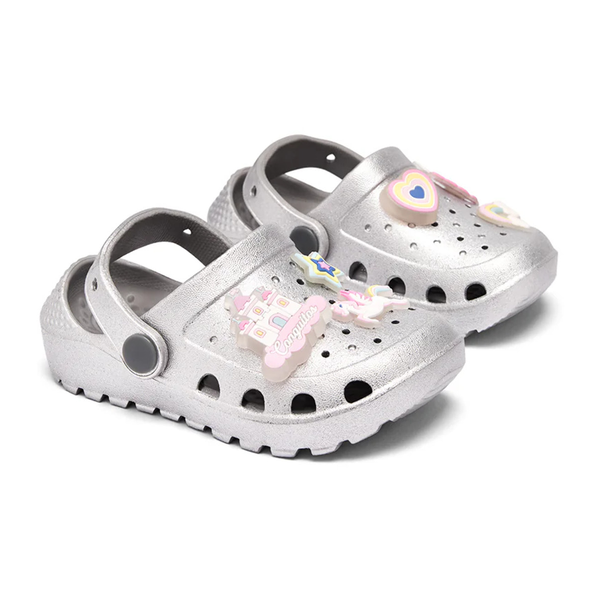 Zuecos  de Niña Glitter Plateado con Detalles Luminosos y Temática de Castillo