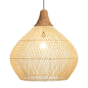 SIXTINE - Suspension 'cloche' 68x68cm rotin couleur naturelle et teck