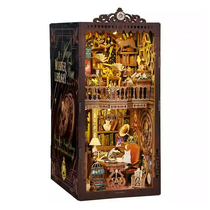 Biblioteca delle Meraviglie. Book Nook in legno, design 3D realistico con grande dettaglio, copertura e luci LED.