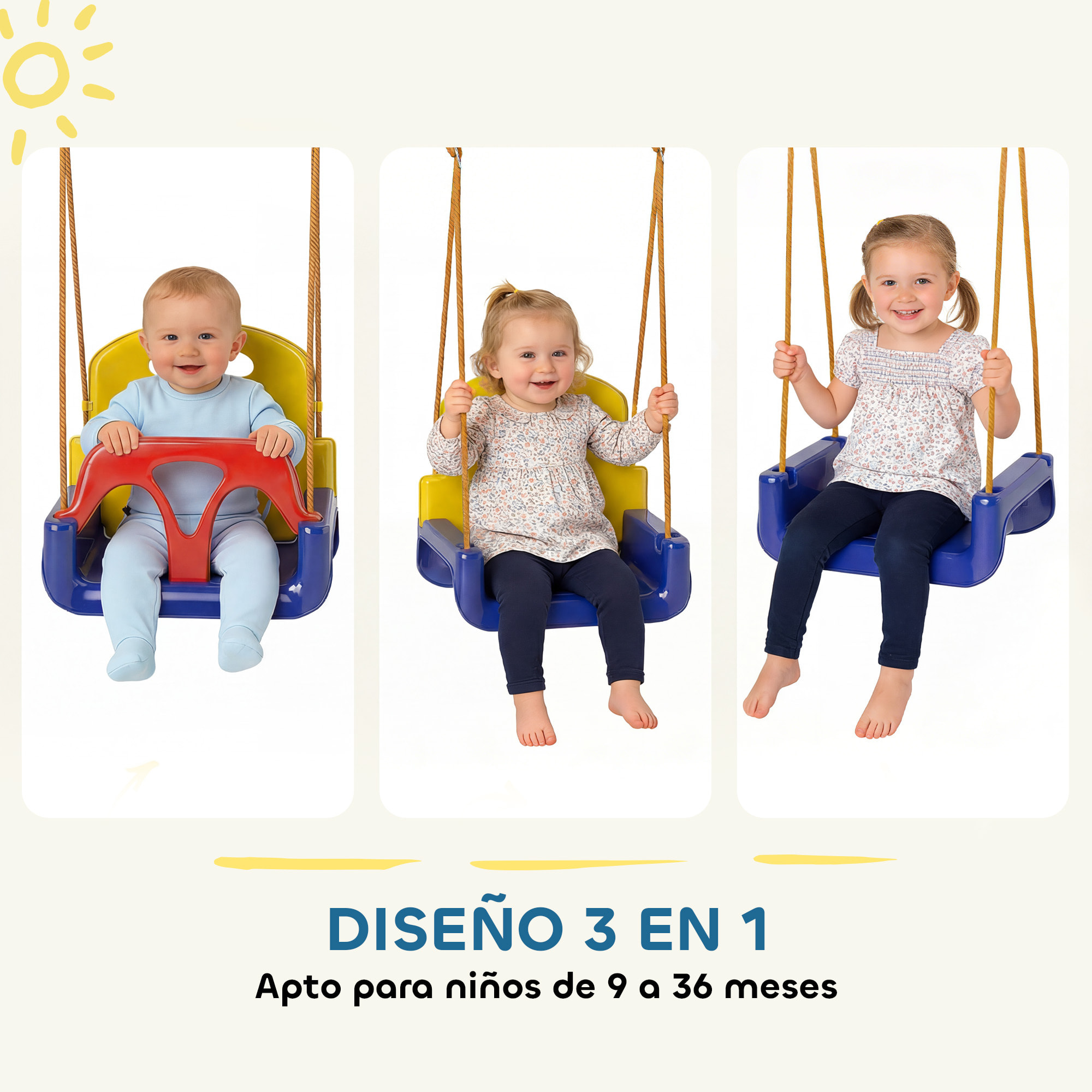Columpio Infantil 3 en 1, Columpio para Niños, Cuerda Ajustable, con Respaldo Desmontable, Barra en T, Cinturón de Seguridad, para Interior, Exterior, Solo Asiento, Azul Oscuro