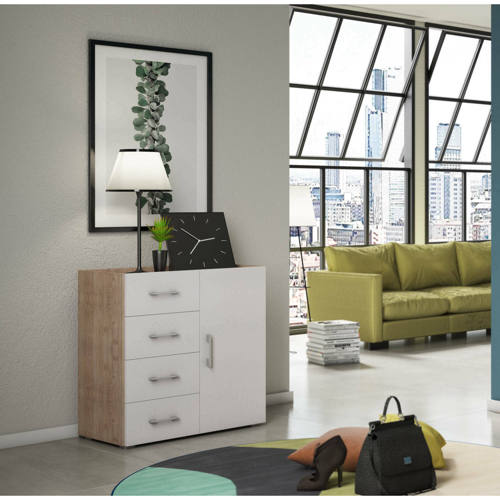 Credenza Aracnida, Mobile buffet a 1 anta e 4 cassetti, Madia da soggiorno, Armadietto multiuso con ripiani, 100% Made in Italy, 90x41h87 cm, Bianco e Rovere