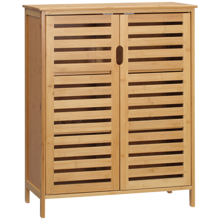 Meuble salle de bain bois bambou 2 portes 2 étagères dim. 60 x 30 x 120 cm naturel