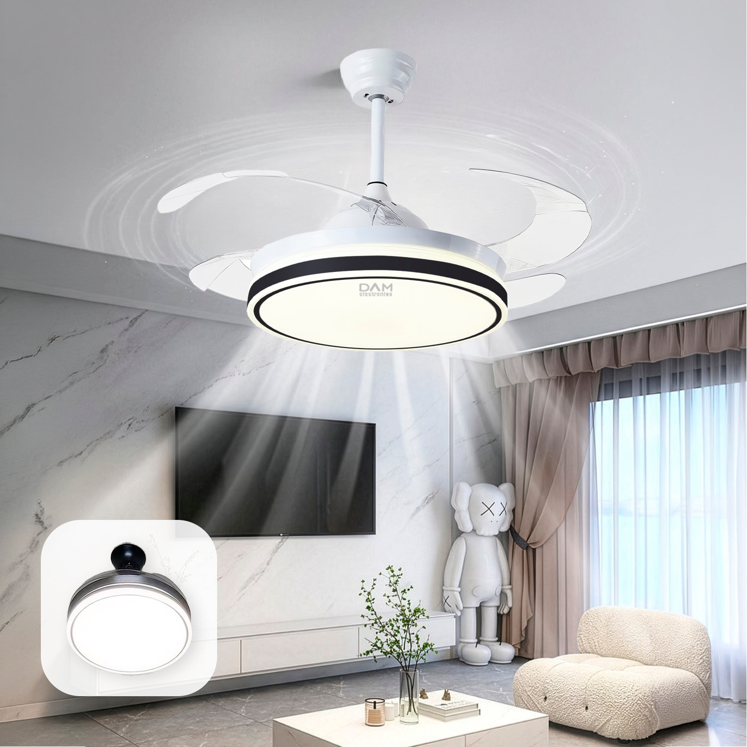 Ventilador de techo L433 107cm, aspas retráctiles, motor DC 30W, luz LED regulable de 60W, 6 velocidades, modo verano/invierno. Mando a distancia.