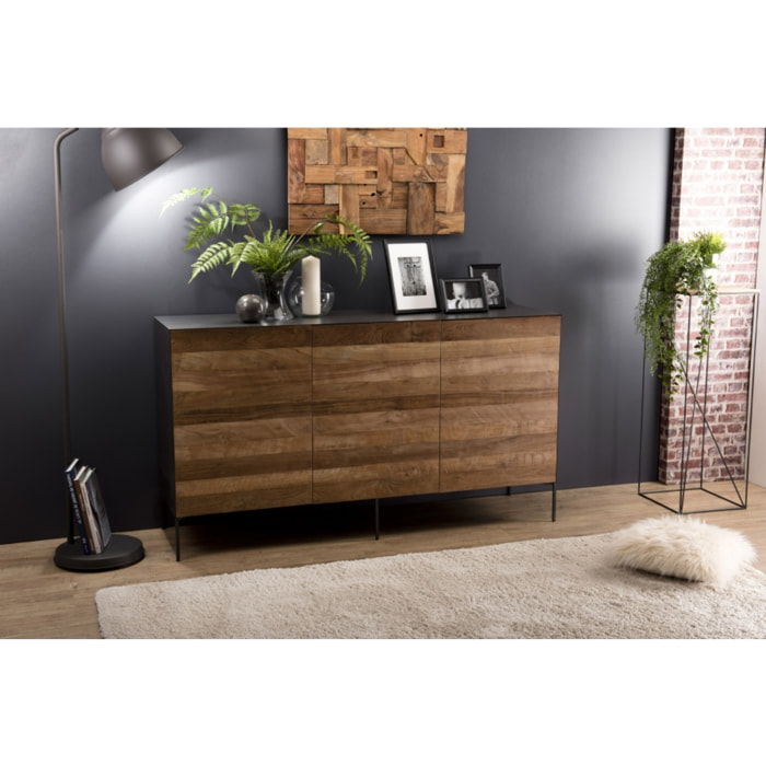 MADISON - Buffet naturel et noir 3 portes bois Teck recyclé métal et pieds métal gris anthracite