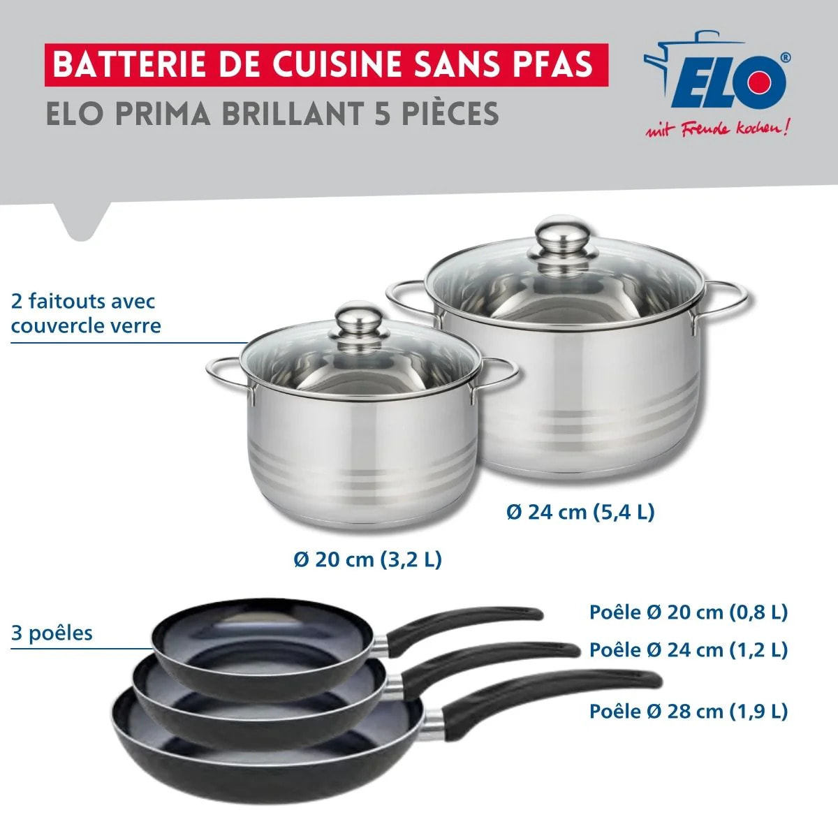 Ensemble de 3 Poêles de cuisson 20, 24 et 28 cm et 2 faitouts 20 et 24 cm Elo Prima Brillant