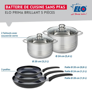 Ensemble de 3 Poêles de cuisson 20, 24 et 28 cm et 2 faitouts 20 et 24 cm Elo Prima Brillant