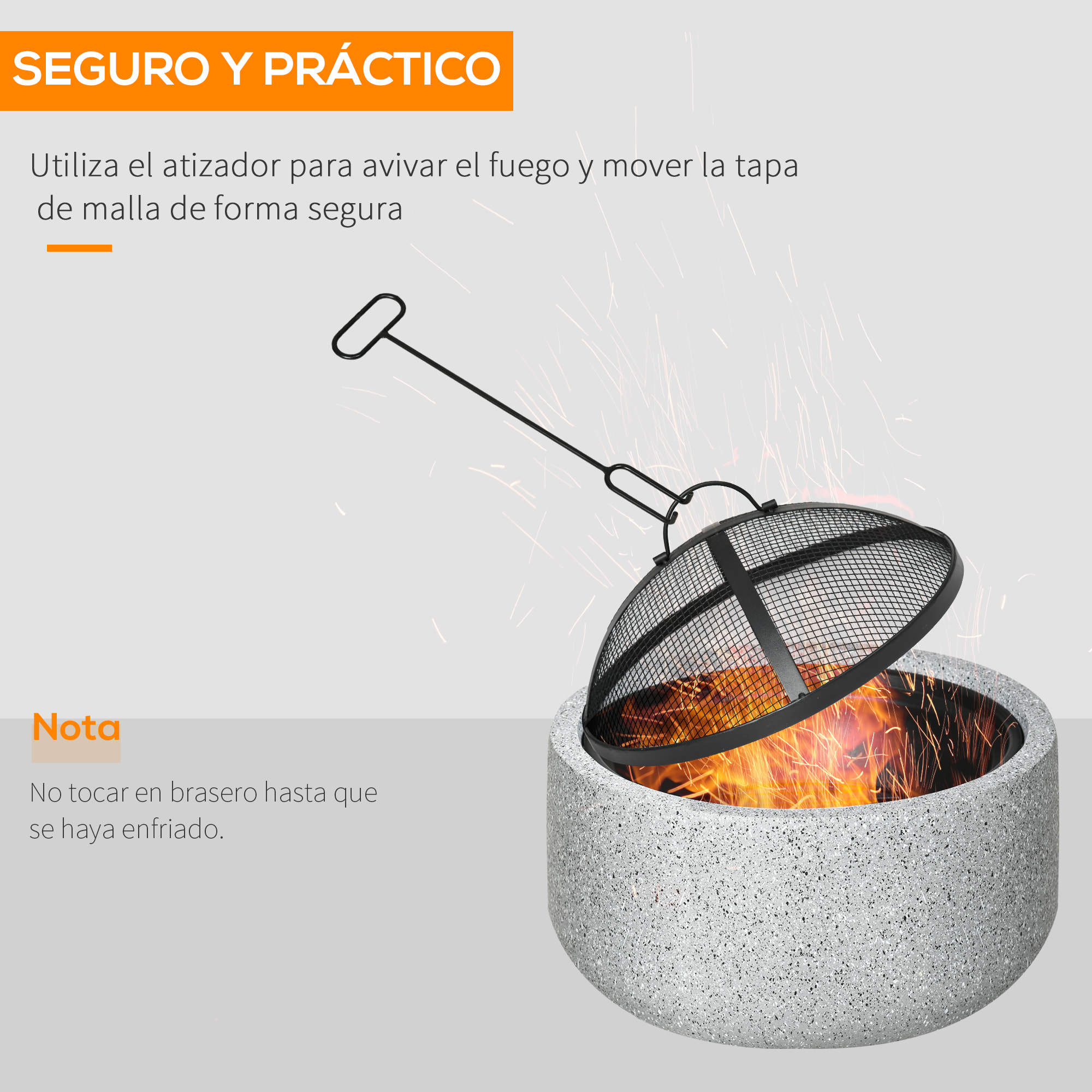 Brasero Exterior Redondo Brasero Exterior Jardín con Atizador Protector de Chispas Rejilla y Manija Ø45x34 cm para Terraza Camping Fiesta Gris