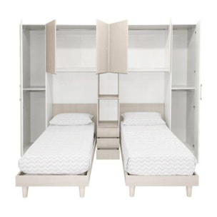 Cameretta completa di armadio a 6 ante e due letti singoli, libreria con cassetti abbinata, Made in Italy, cm 313x212h247, colore Bianco e Olmo