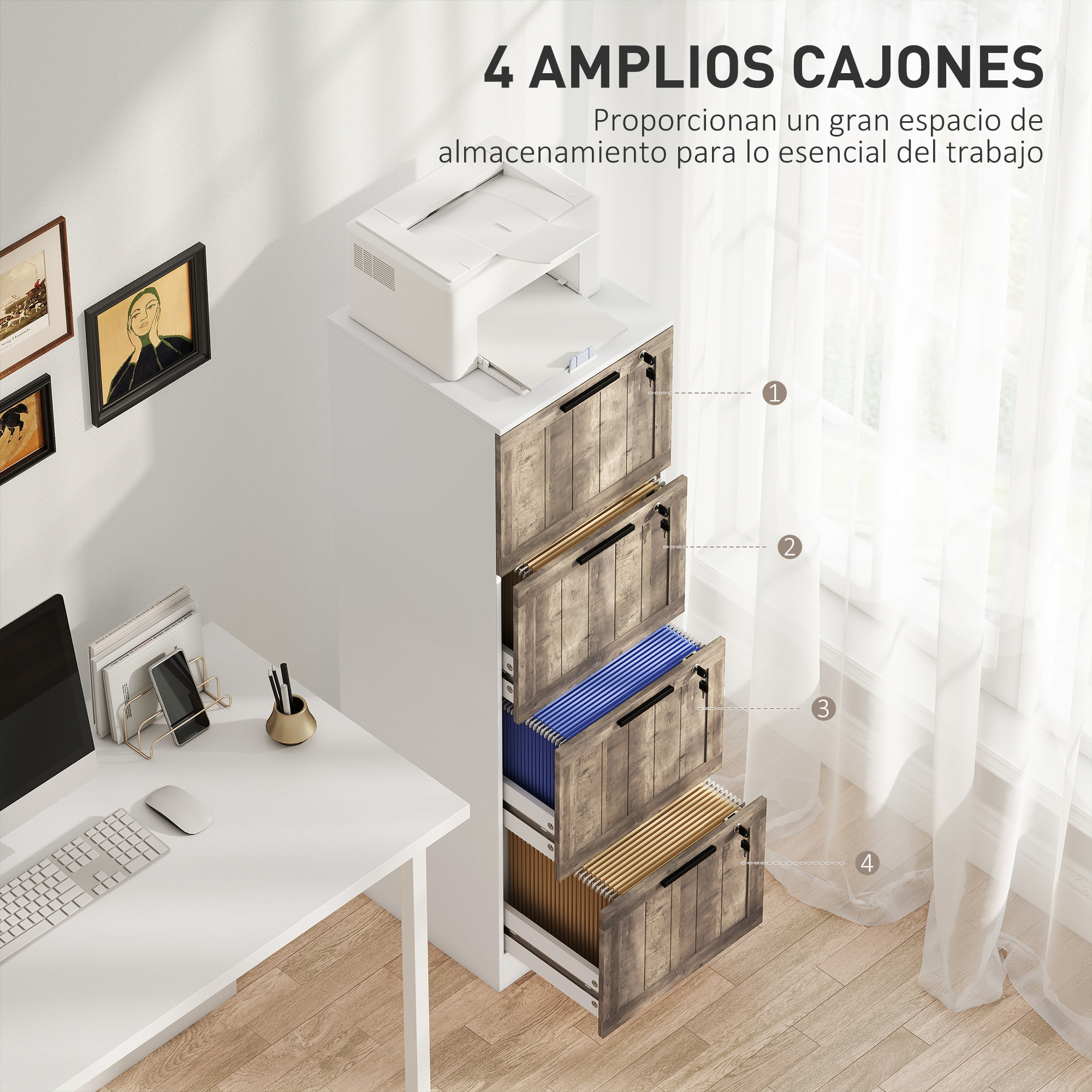 Cajonera de Oficina con 4 Cajones Cajonera de Escritorio con Cerradura 2 Llaves Barras Colgantes para A4 Carta Archivador Móvil para Estudio 39,4x40x129 cm Blanco y Madera