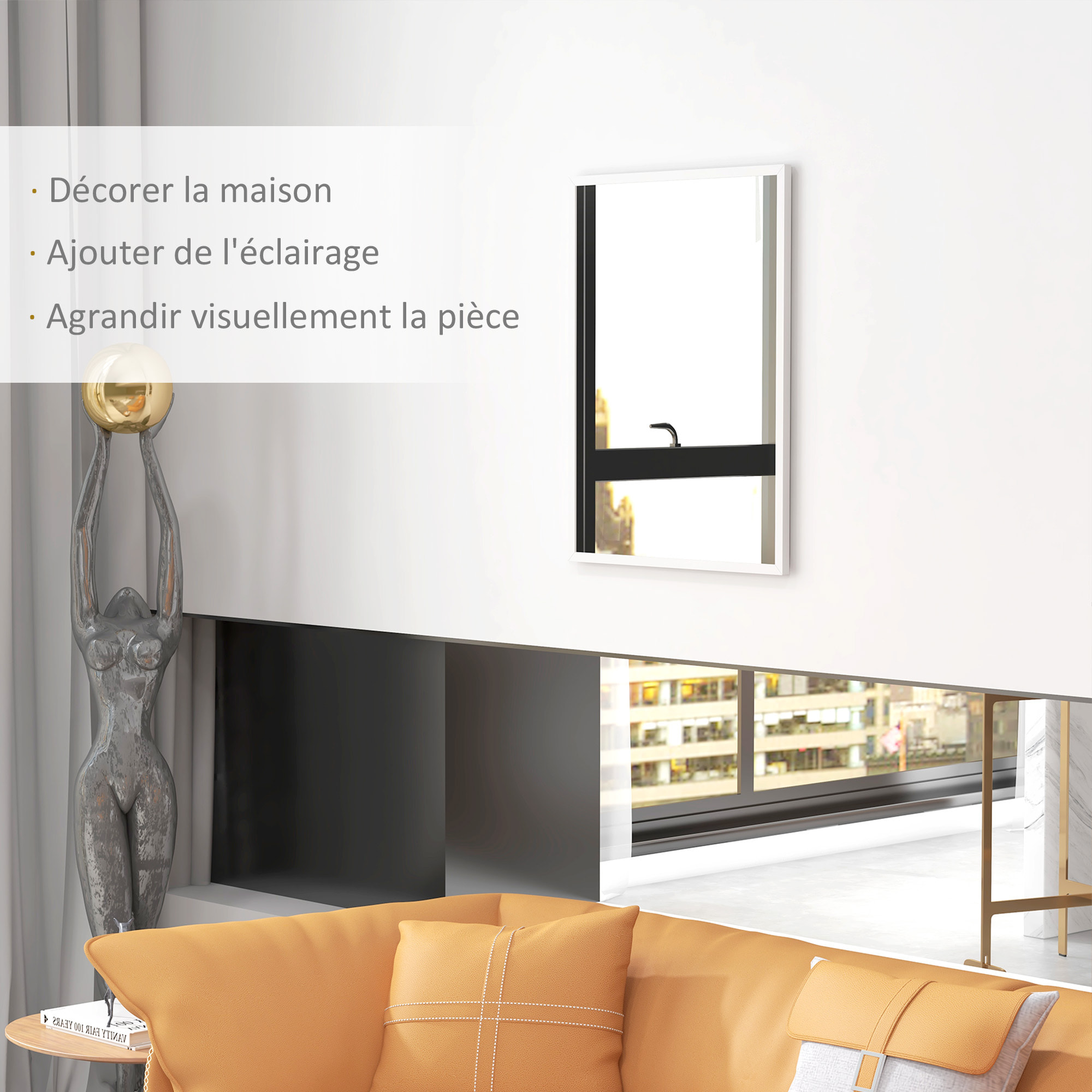 Miroir mural rectangulaire dim. 60L x 80H cm MDF blanc