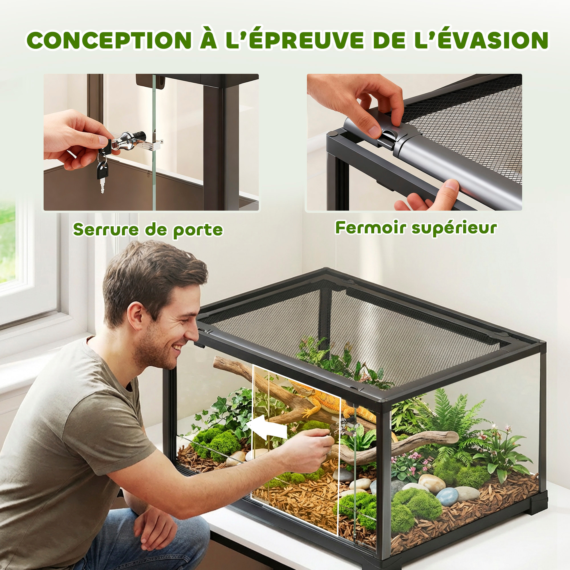 Terrarium 86L - toit maillé et porte coulissante verrouillable - 50x30x35cm - alu noir verre