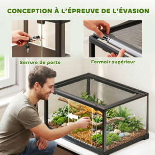 Terrarium 86L - toit maillé et porte coulissante verrouillable - 50x30x35cm - alu noir verre