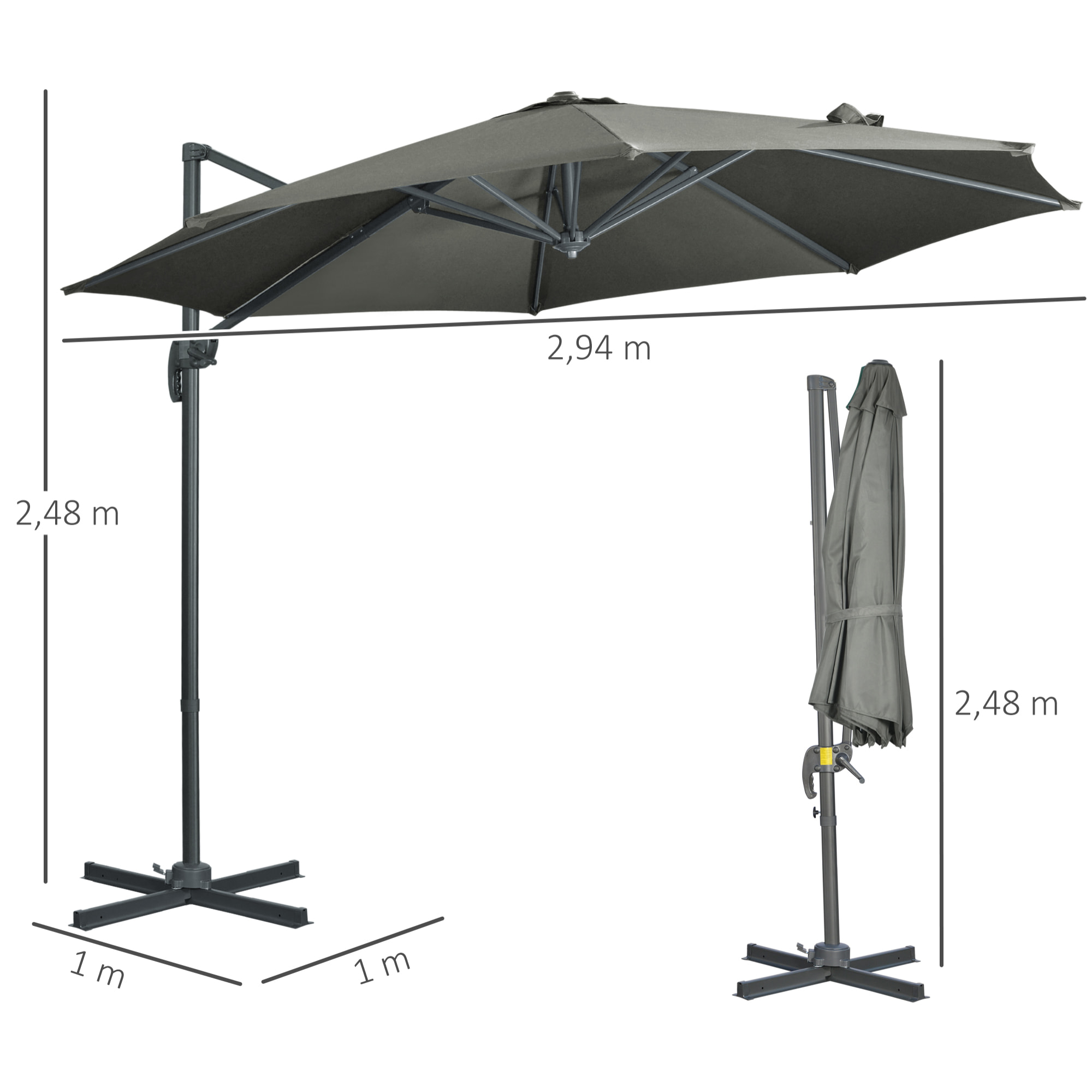 Sombrilla de Jardín Ø300x250 cm Parasol Excéntrico de Aluminio con Manivela Toldo Inclinable Giratorio 360° con Pedal y Base Cruzada para Patio Terraza Gris