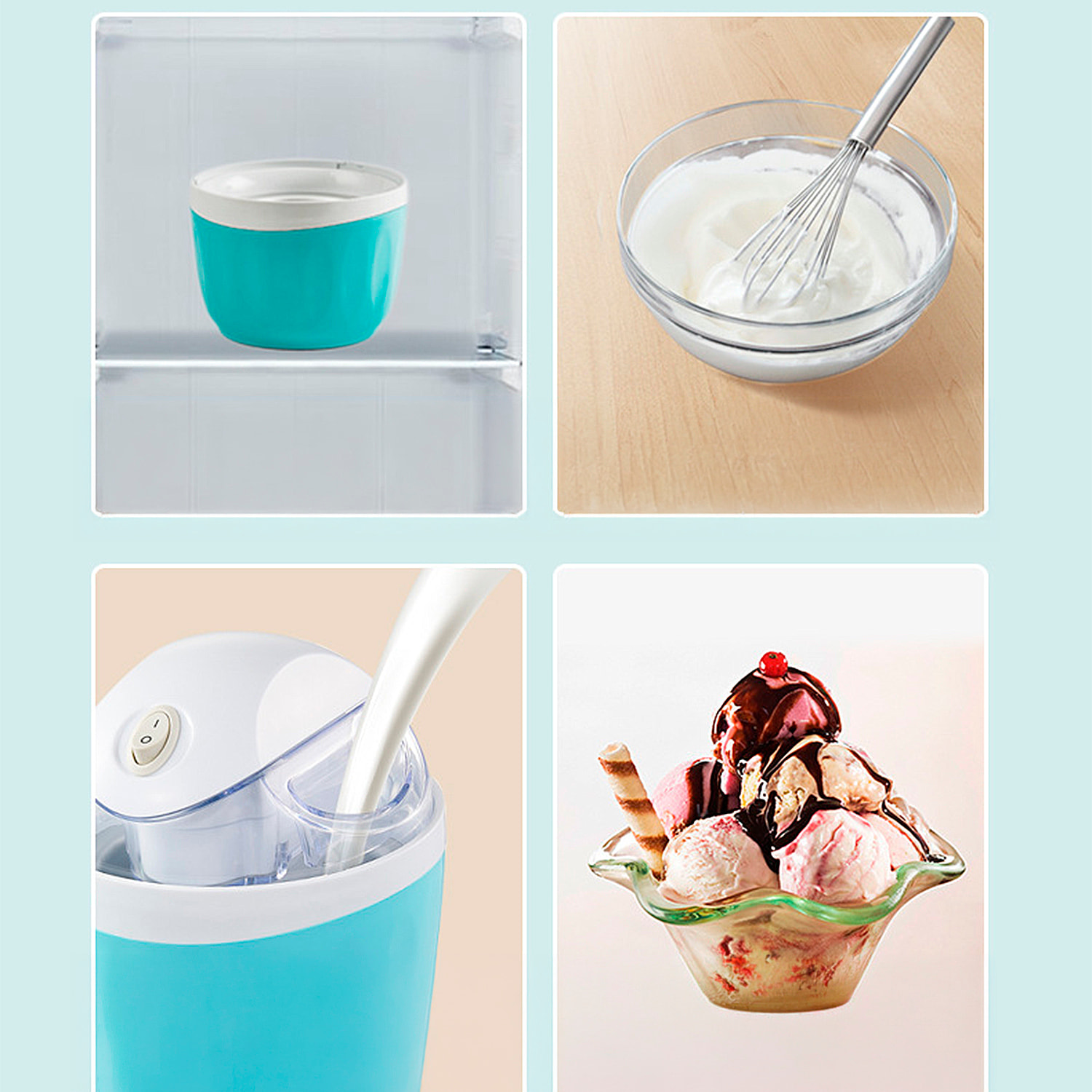 Mini heladera automática de 500ml, 9.5W, operación con un botón y entrada doble para líquidos.