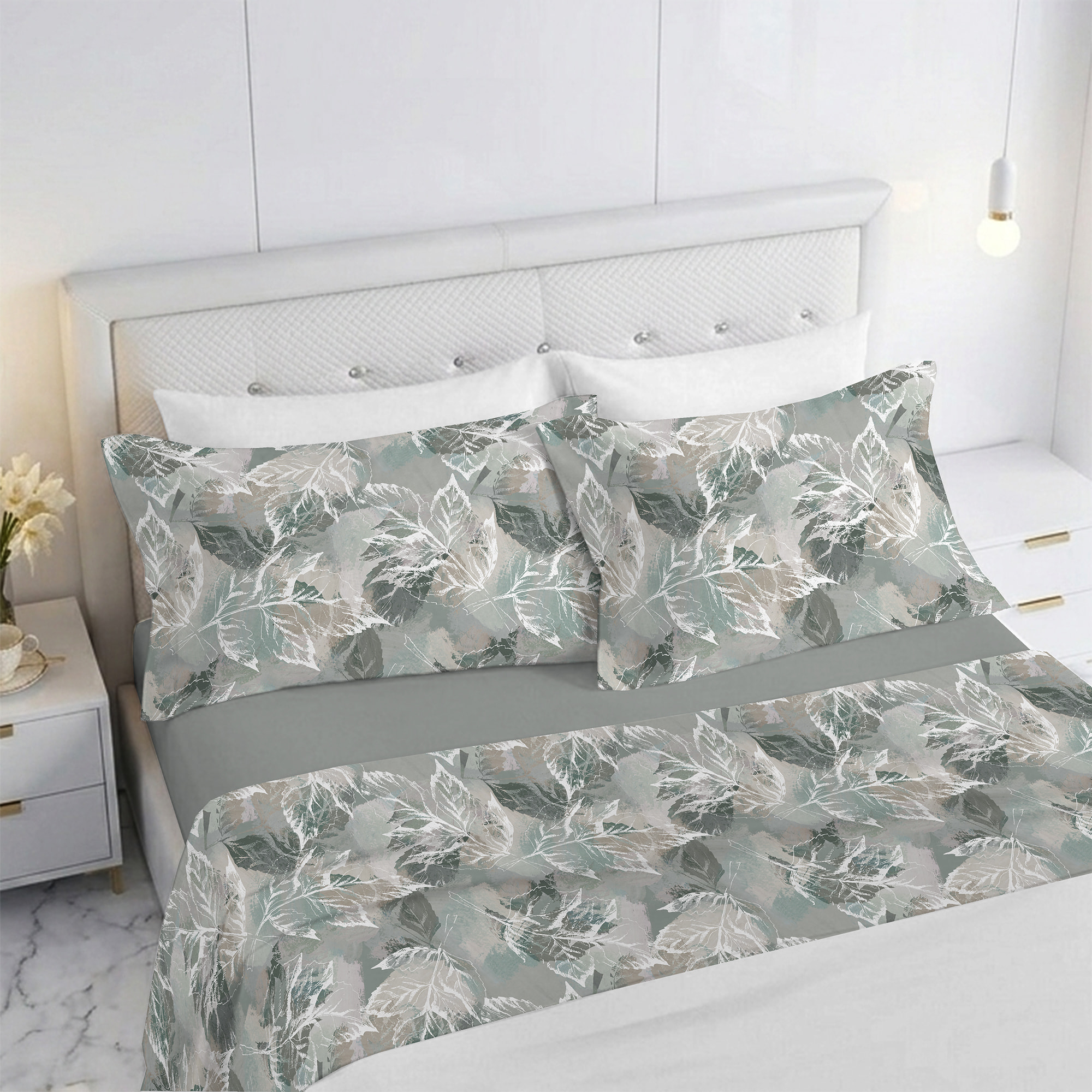 Completo letto stampato diana verde e grigio in raso 100% cotone