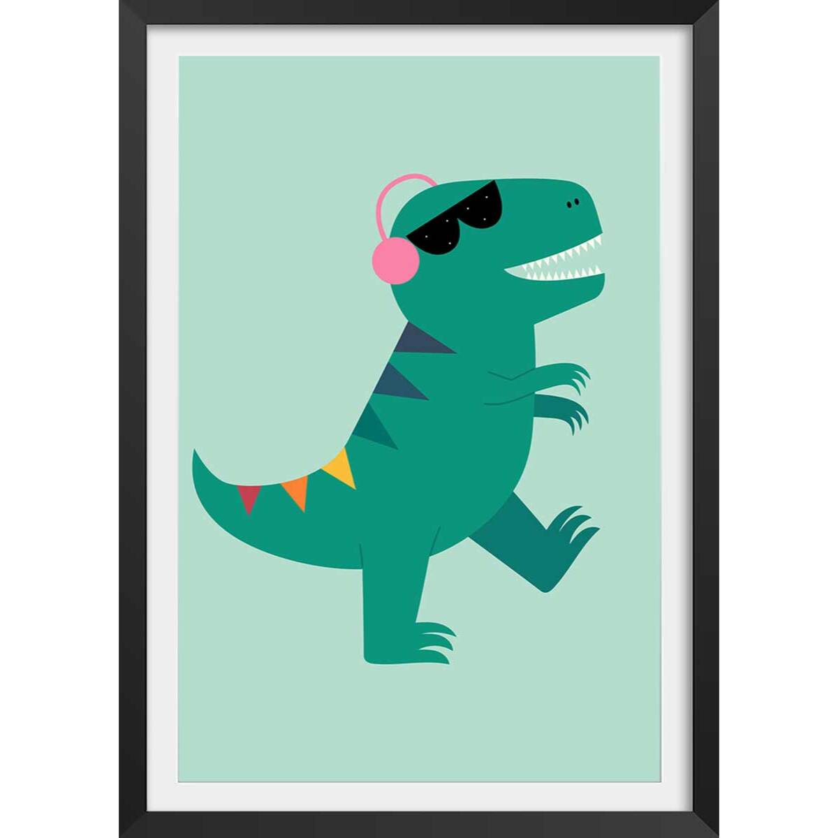 Affiche enfant dino music  Affiche + cadre en bois - Noir