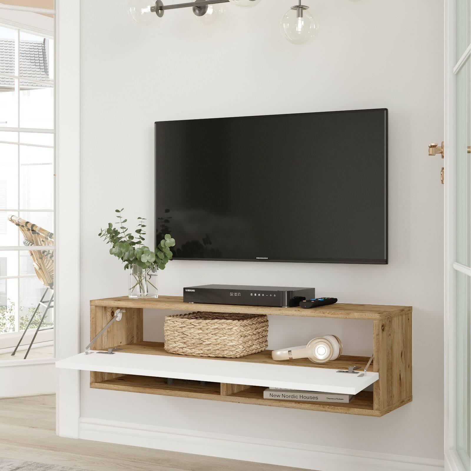 Mobile porta TV Dfantin, Credenza da soggiorno, Armadio basso per TV, Base parete attrezzata, 100x32h29 cm, Quercia e Bianco