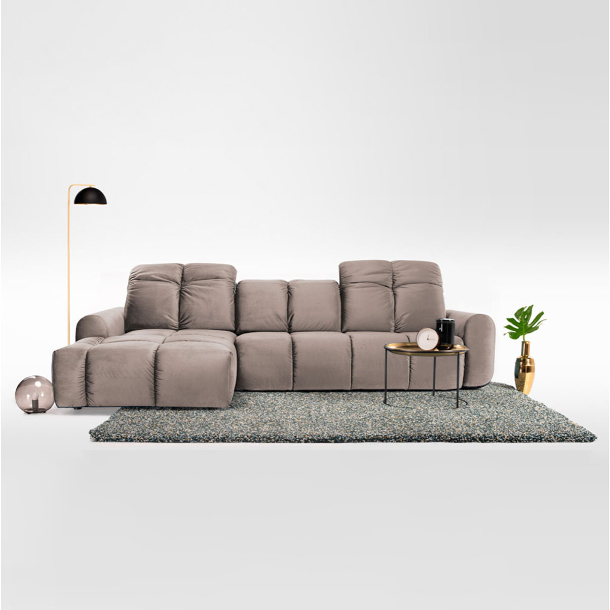 Canapé d'Angle Gauche Velours Anacapri, 3 Places, Repose-têtes Ajustables, Style Contemporain