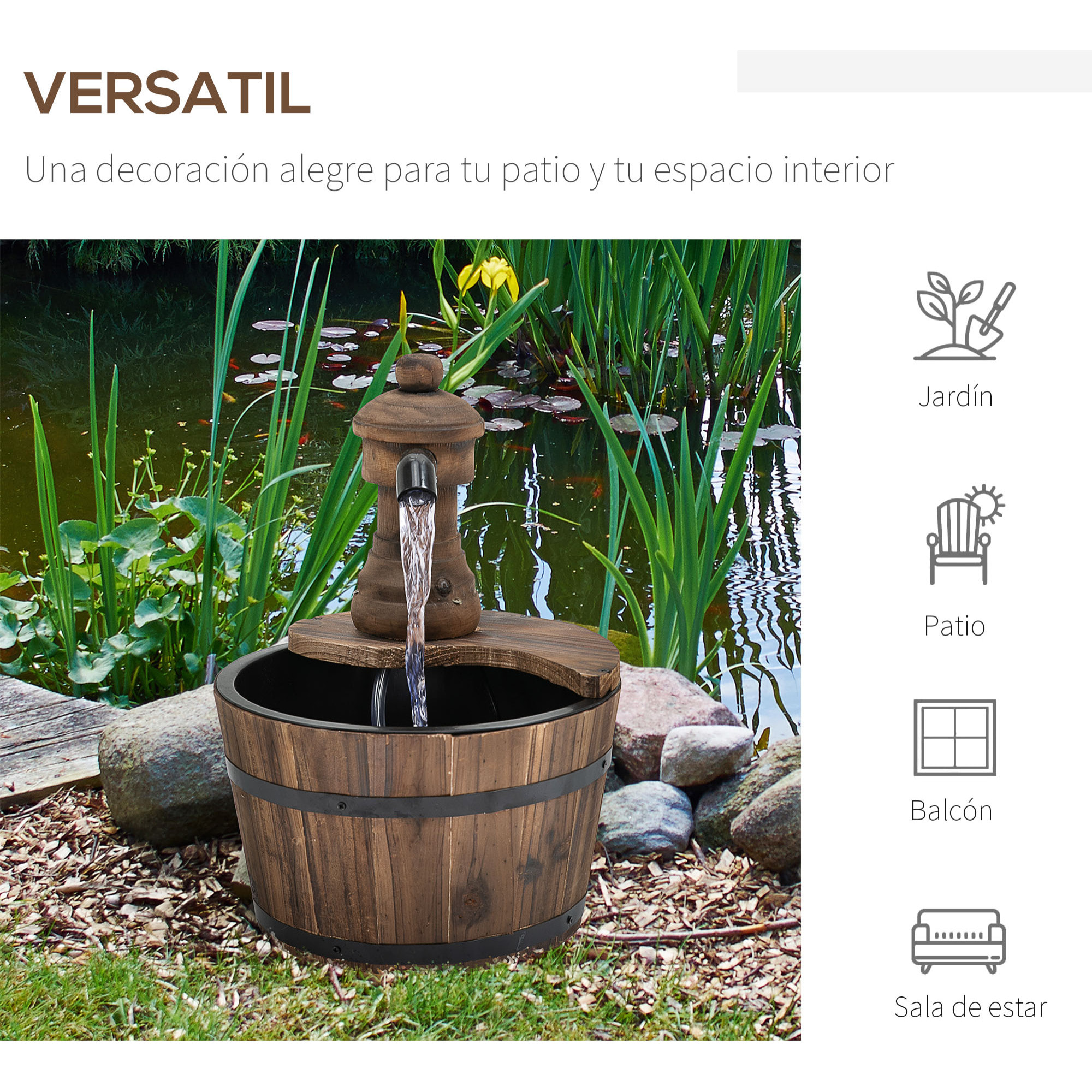 Fuente de Agua de Madera Fuente de Jardín en Cascada con Bomba Eléctrica y Salida de Agua Ajustable para Decoración Patio Terraza 27x27x37 cm Natural