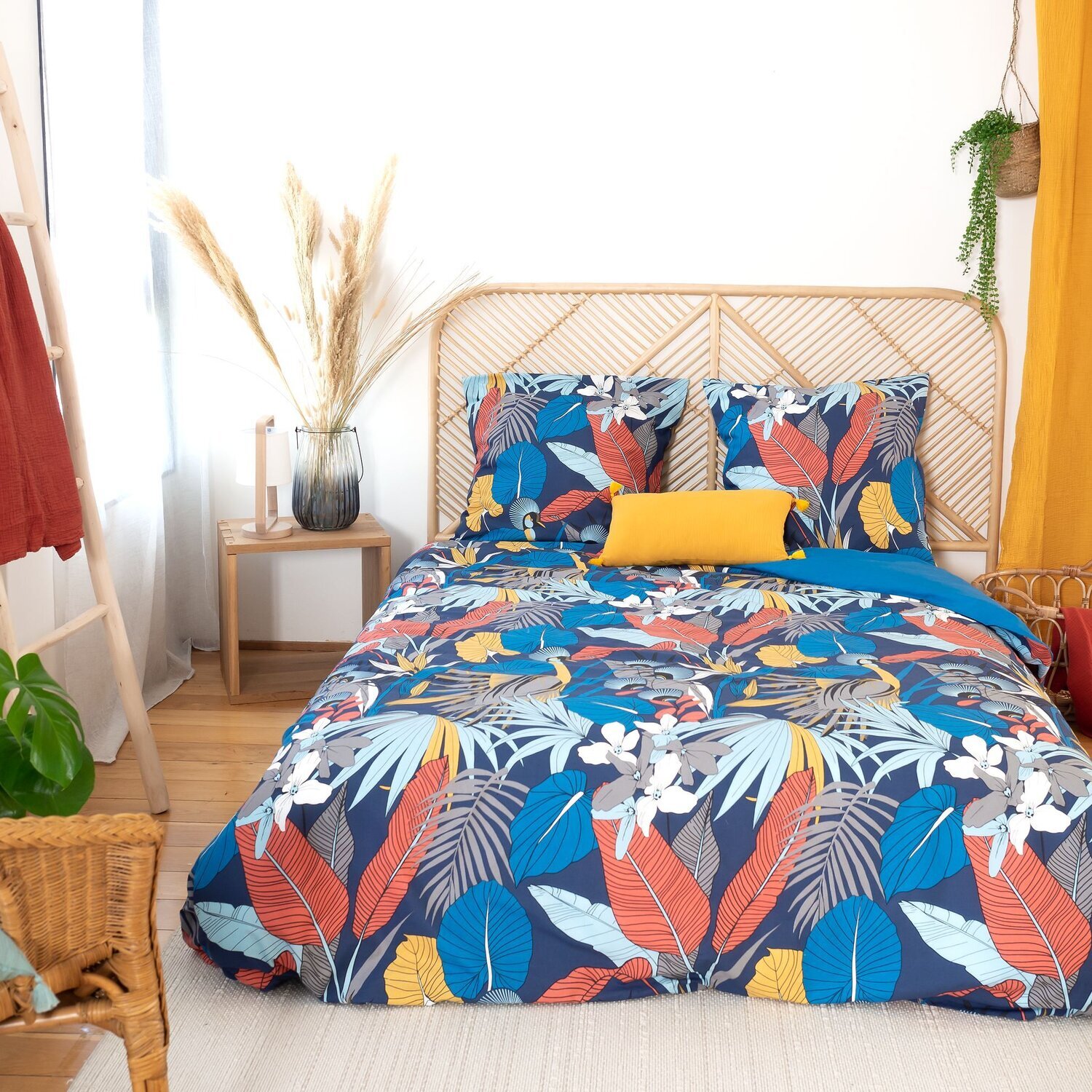Parure housse de couette satin de coton bleu