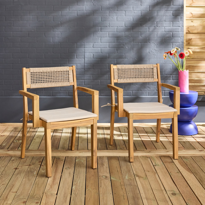 Lot de 2 fauteuils de jardin beige GALENA bois d'acacia avec coussin et corde. 59 x 55 x 81 cm