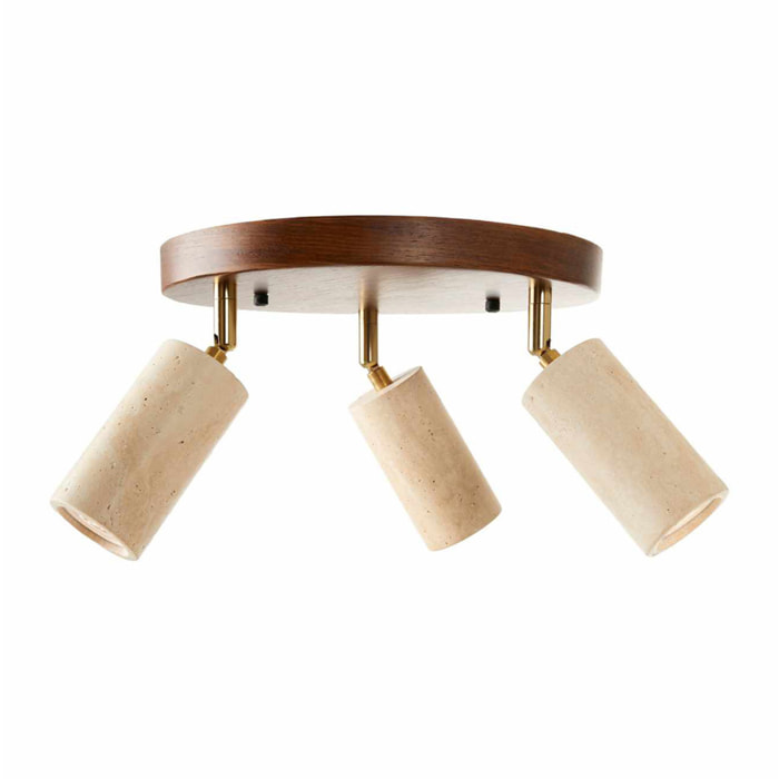 Luminaire rond avec 3 spots orientables en travertin et effet bois TIVOLI