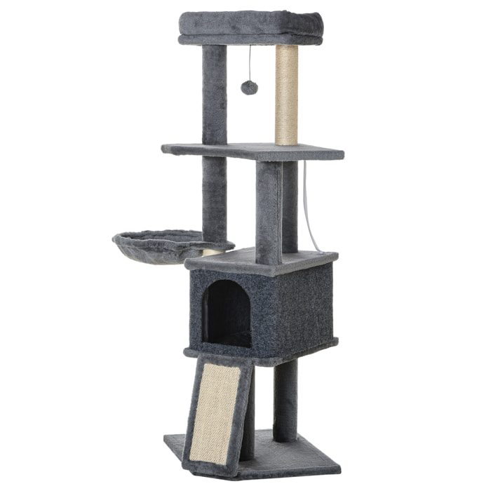 Arbre à chat multi-équipement griffoirs grattoirs plateforme niche hamac jeu boule suspendue gris