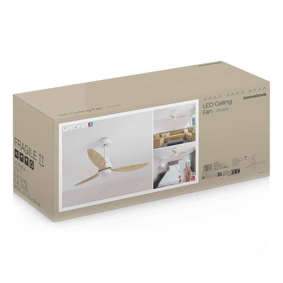 Ventilatore a soffitto con luce LED e 3 pale in ABS Flaled - legno e bianco - Ø132x35 cm