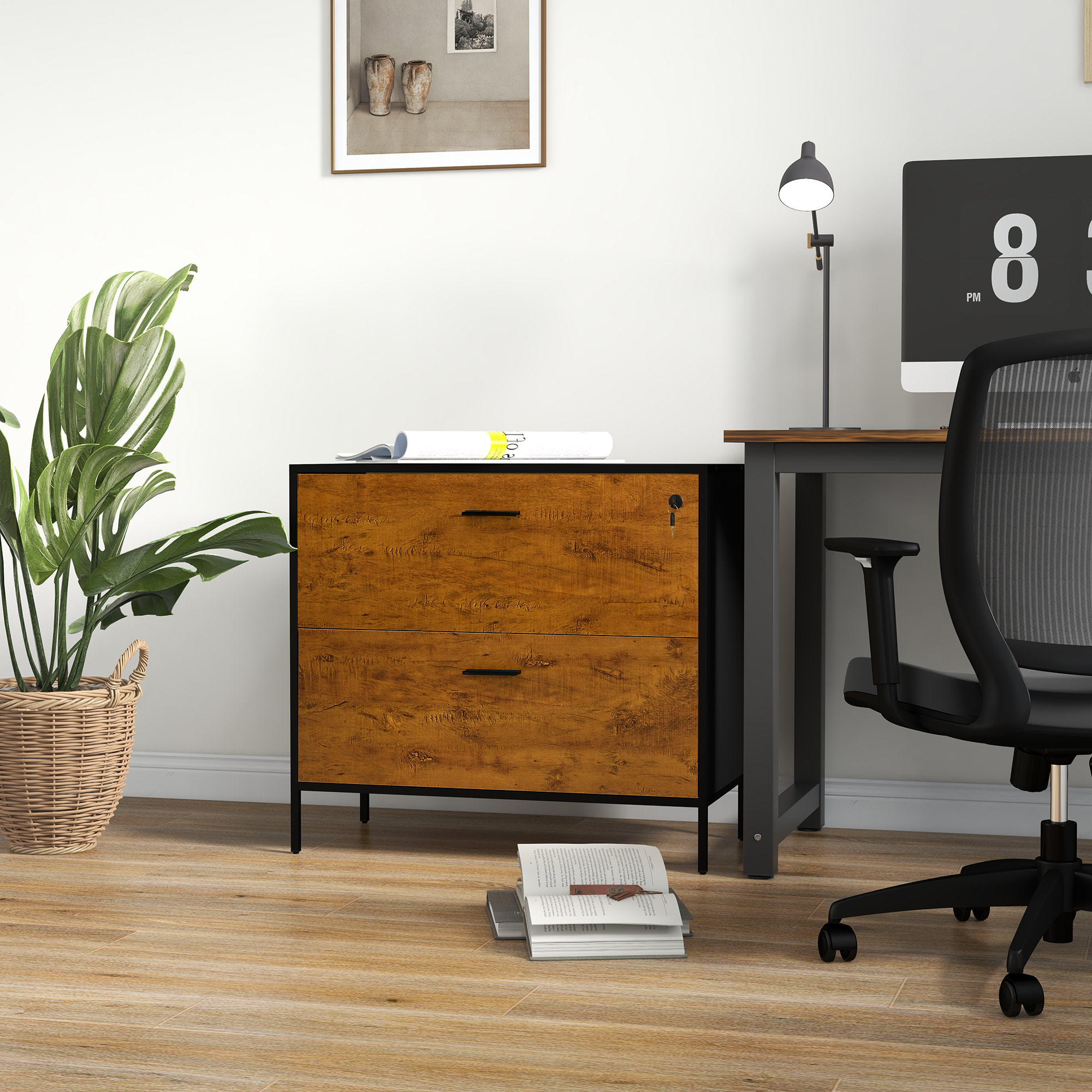 Cajonera de Oficina Industrial con 2 Cajones Cajonera para Archivadores con Cerradura y Carpetas Colgantes para Tamaño A4 80x39x73,5 cm Marrón