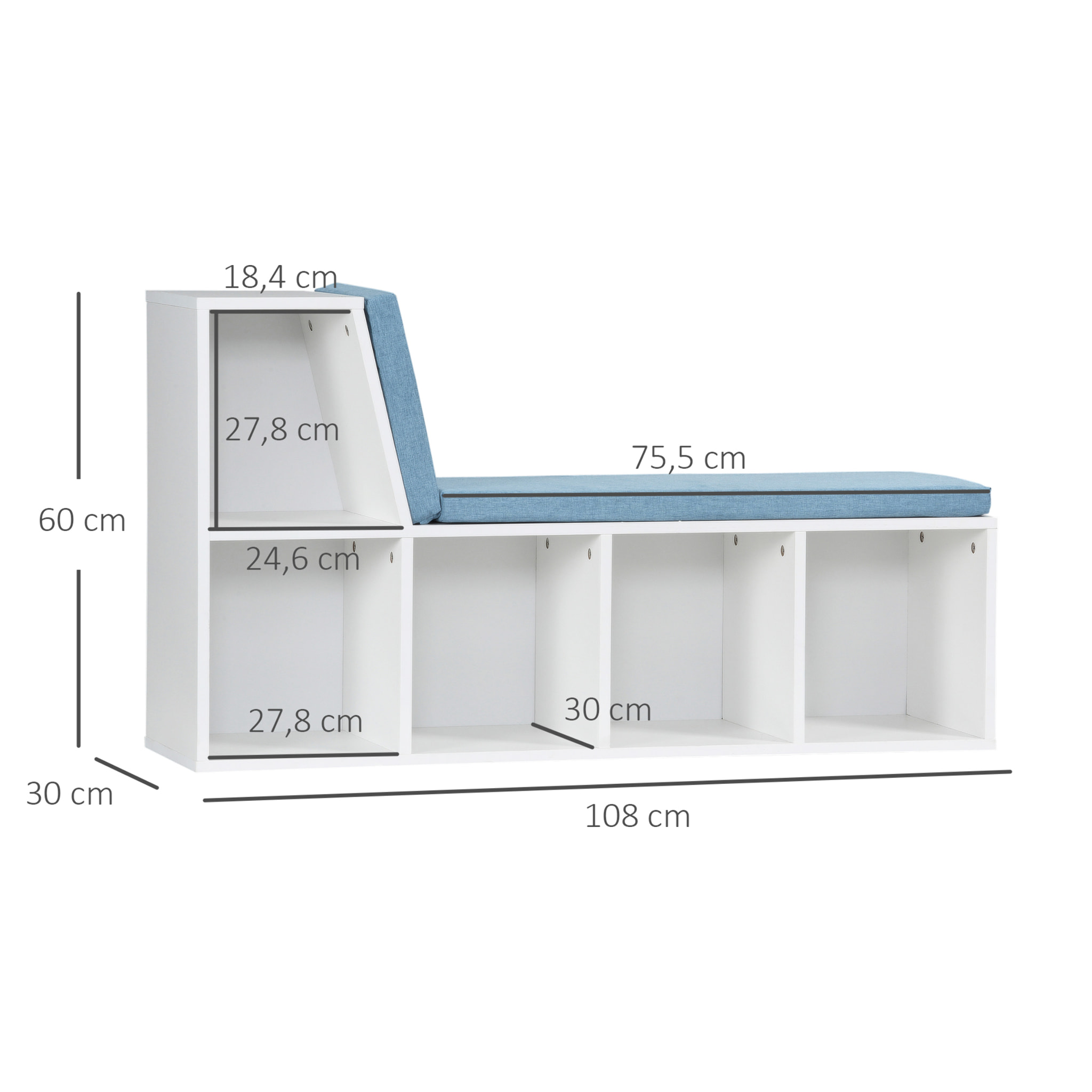 Bibliothèque banc 2 en 1 design contemporain 5 casiers 2 coussins fournis 108L x 30l x 60H cm blanc bleu chiné