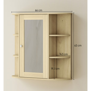 Armario de Baño con Espejo, Armario de Pared con Puerta, Estantes Abiertos, Mueble de Baño Colgar para Cocina, Salón, 66x17x63 cm, Natural
