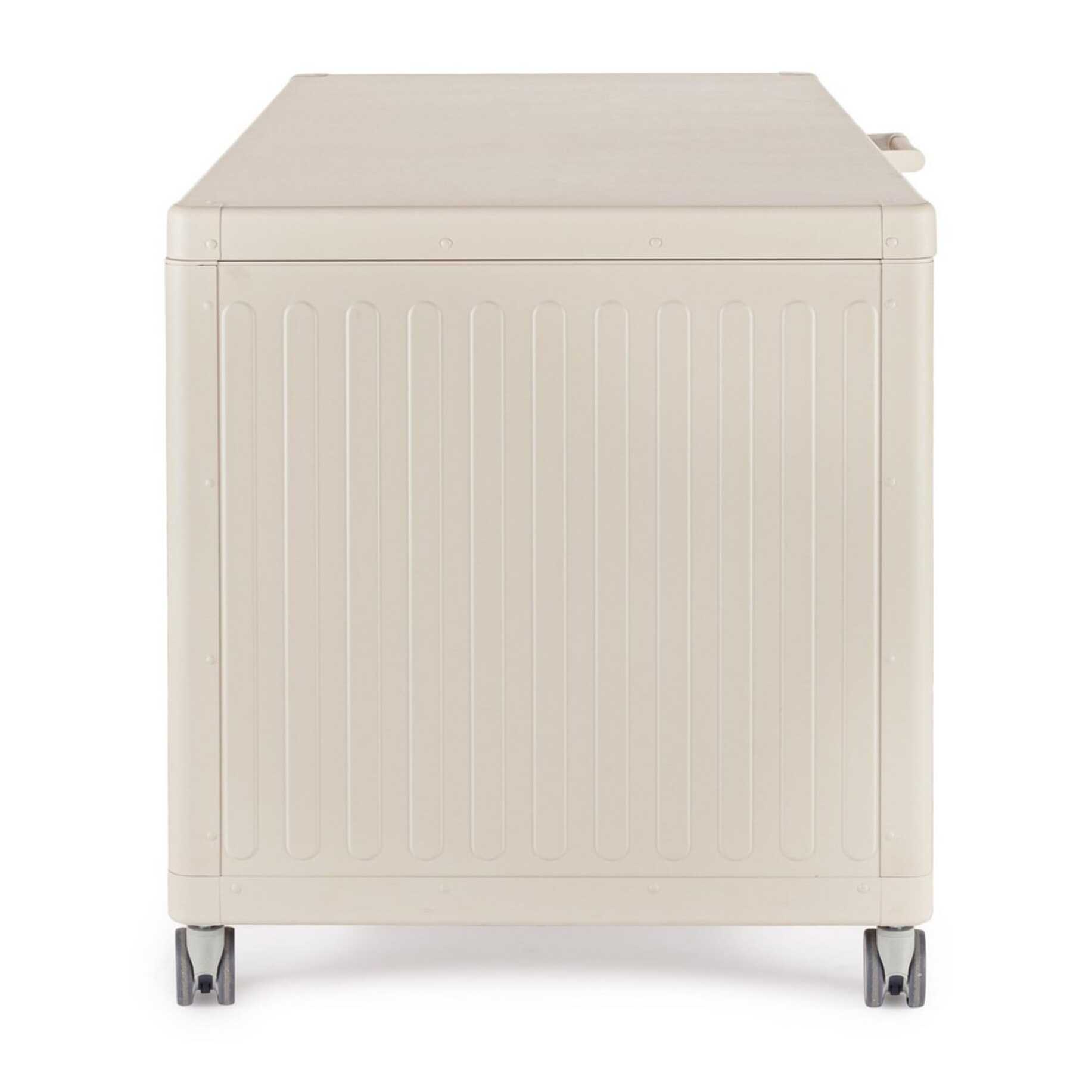 Baule da giardino BRAGA in alluminio beige, con ruote e maniglia effetto legno