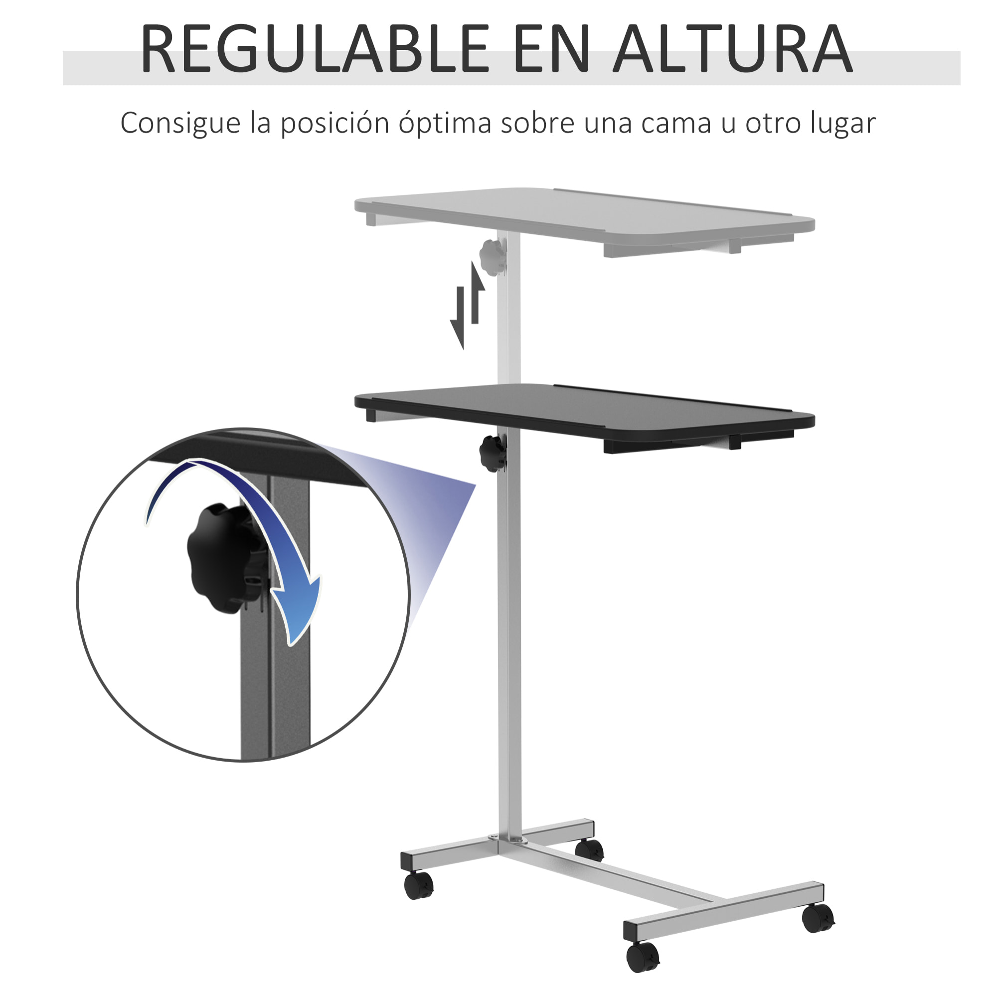 Mesa Auxiliar con Ruedas Mesa para Sofá con Altura Ajustable y Marco de Metal Carga 20 kg para Dormitorio Salón Oficina 77x40x76-100 cm Negro y Plata