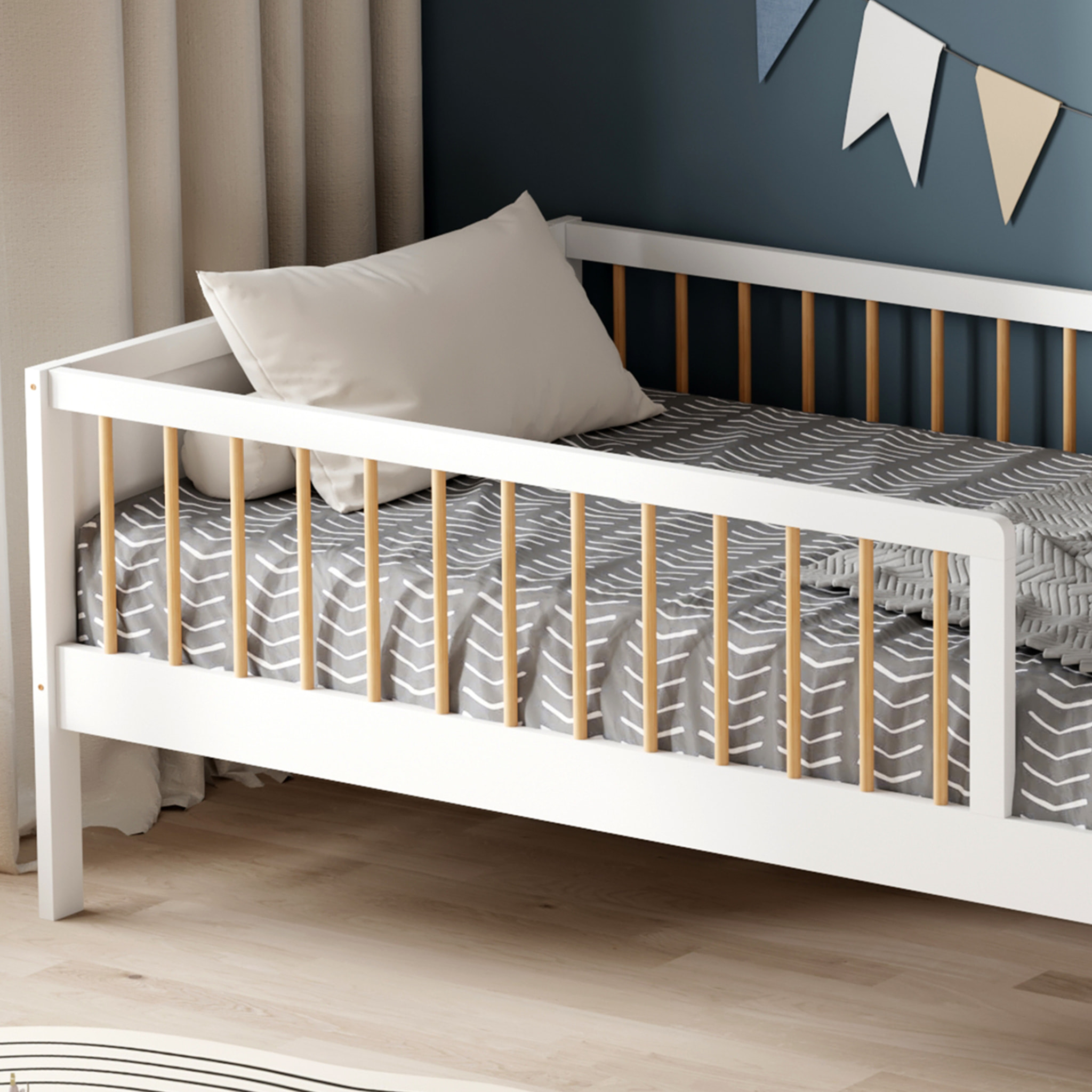 Lit barrière Pépito 90 x 190 cm, Blanc, Bois de Pin Naturel, Barrières Latérales de sécurité, Robuste et Moderne