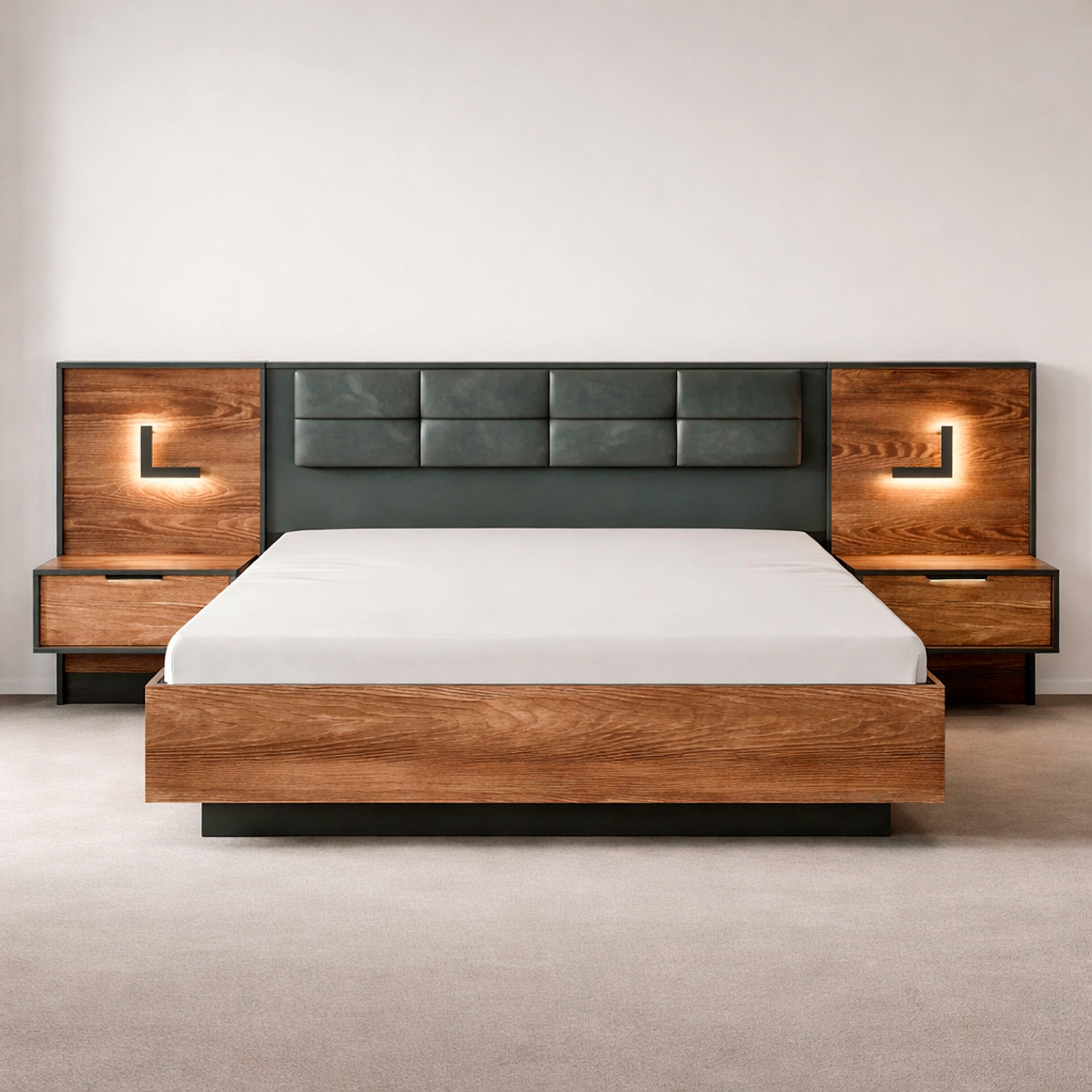 Set 2 Comodini Moderni Con LED E Cassetto Design Salvaspazio Per Camera Da Letto Illuminazione Integrata 102 x 58 x 39.6 Cm Castagno E Antracite