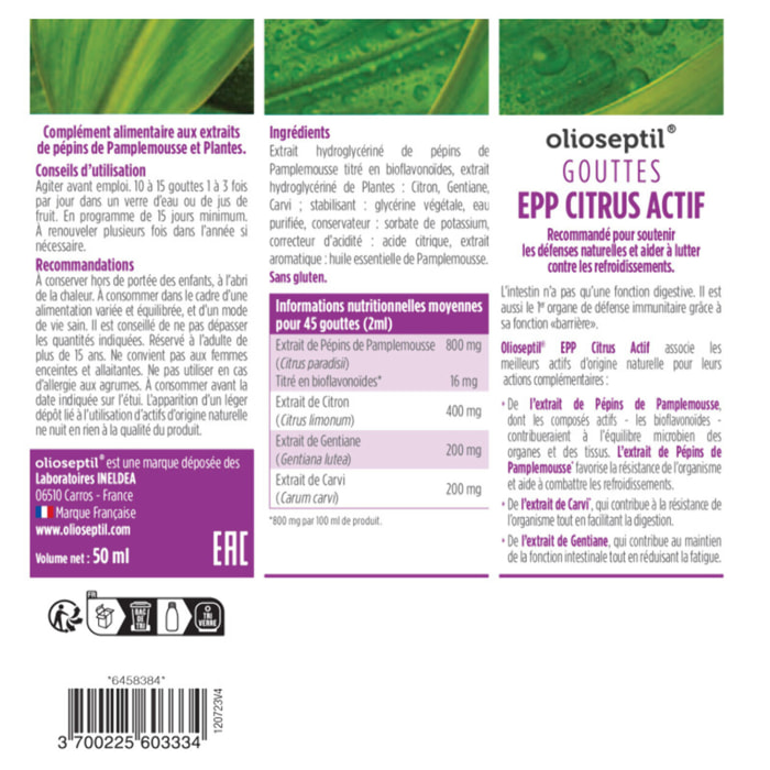 OLIOSEPTIL - Extrait de Pépins de Pamplemousse en Gouttes Citrus Actif - EPP + Plantes Origine 100% Naturelle - Contribue à la Résistance de l'Organisme - Lot de 3 produits