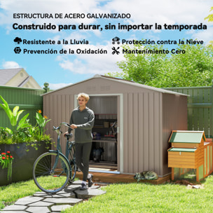 Caseta de Jardín Exterior, 4,9 m² 277x195x192 cm, Cobertizo de Jardín Exterior Metálico con Techo de Fibra de Vidrio, Puerta Corredera, Base Refuerzo (Suelo NO Incluido) y Ventanas Gris Claro
