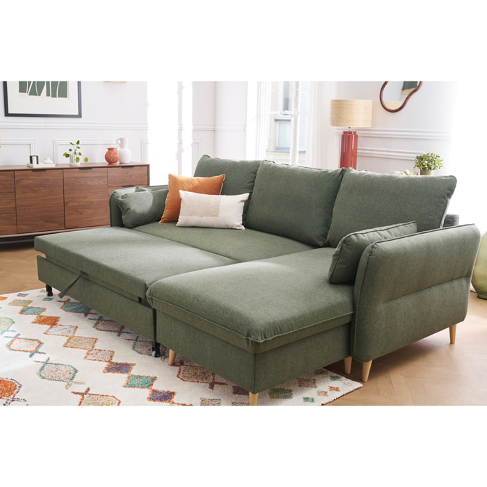 Canapé d'angle convertible réversible avec coffre 3-4 places en tissu vert kaki et bois clair DRISS