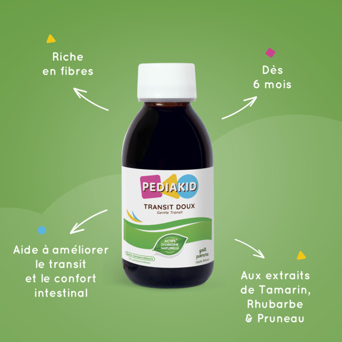 PEDIAKID - Sirop Transit Doux - Complément Alimentaire Naturel - Formule Exclusive au Sirop d'Agave - Contribue à Réguler le Transit en Douceur - Arôme Naturel de Pomme - Lot de 2 Flacons de 125 ml