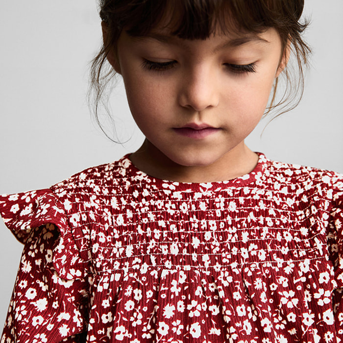 Vestido estampado floral volantes Luciab - granate