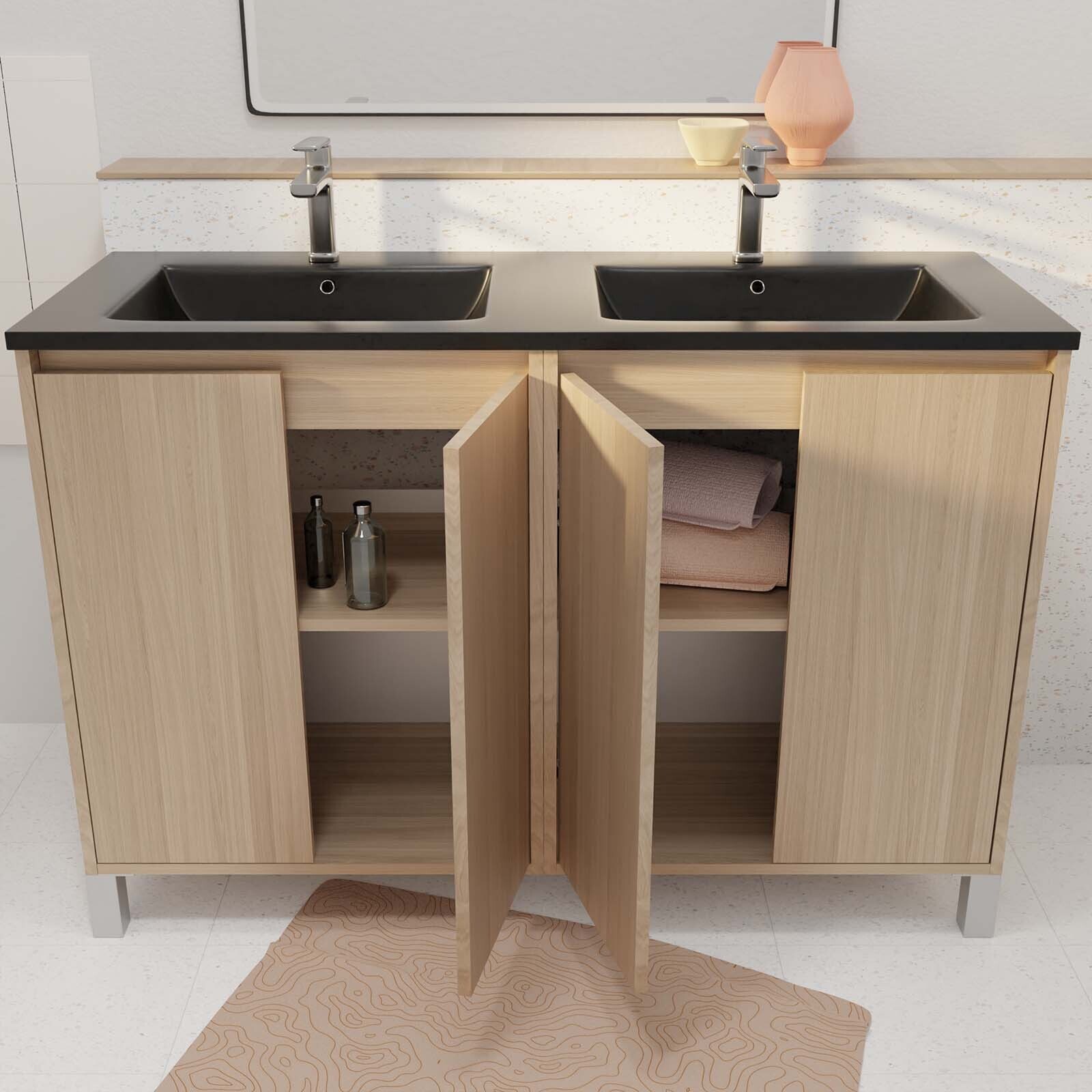 Meuble de salle de bains 120 cm 4 Portes Chêne Clair + Vasque Double Céramique Noire - XENOS