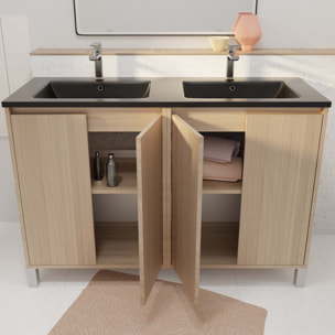 Meuble de salle de bains 120 cm 4 Portes Chêne Clair + Vasque Double Céramique Noire - XENOS