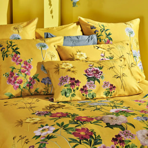 Housse de couette satin de coton imprimé jaune Mesanges curry