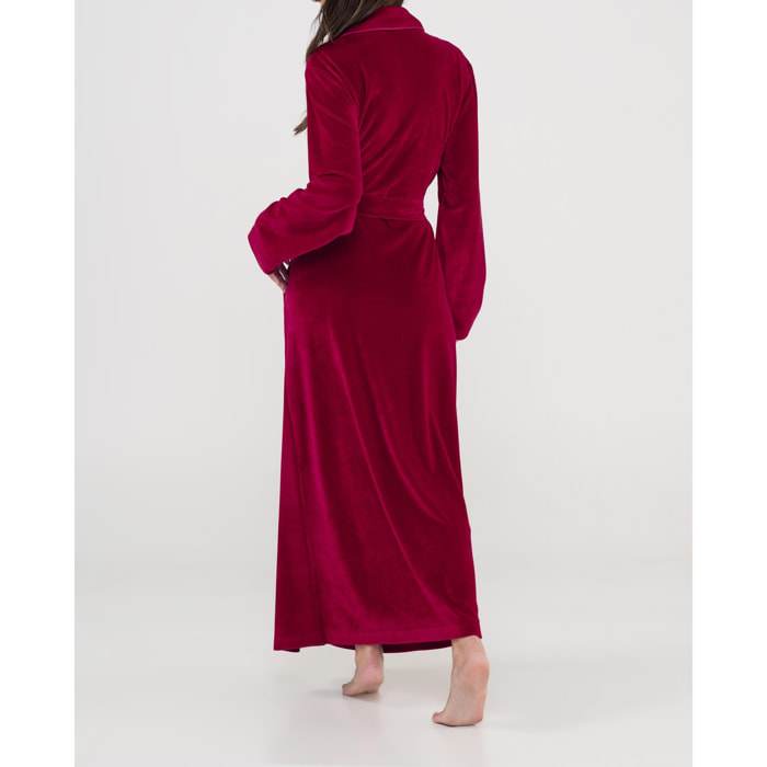 Bata mujer terciopelo, cruzada con cinturon, cuello smoking y bolsillos laterales, maxi larga