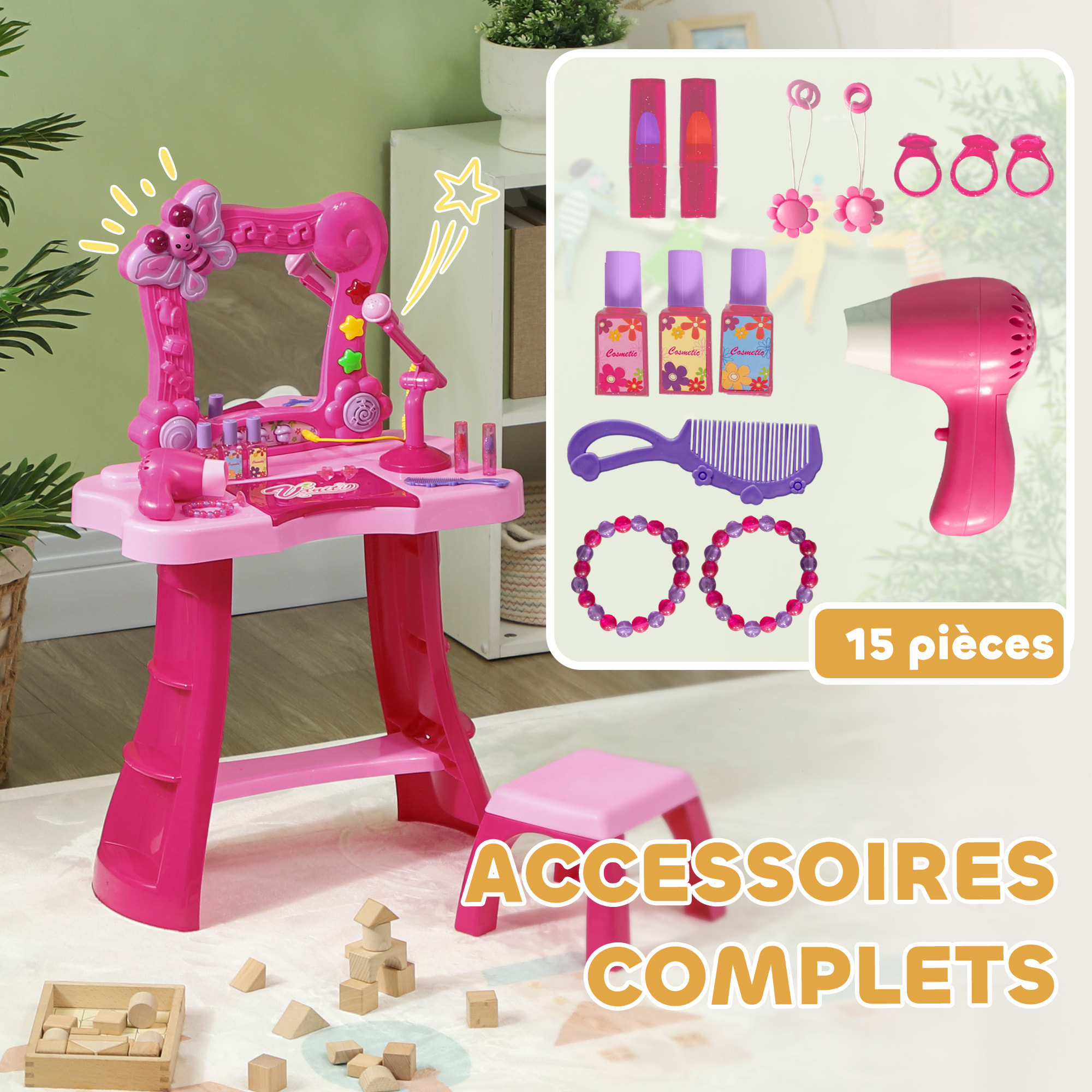 Ensemble coiffeuse tabouret enfant design - nombreux accessoires - effets lumineux sonores - rose